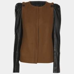 Pre Owned Maje Khaki/Black Wool Blend and Leather Zip Jacket S