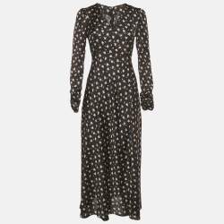 Pre Owned Maje Black Floral Print Satin Ruche Sleeve Midi Dress S