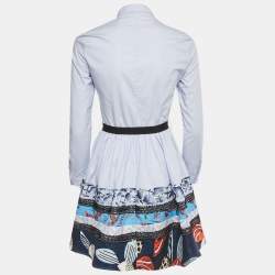 Pre Owned Maje Blue Printed Lace Detail Cotton Rafina Mini Shirt Dress S