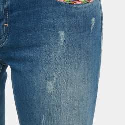 Pre Owned Maje Blue Distressed Demin Embellished Trim Low Waist Jeans XS Waist 28"