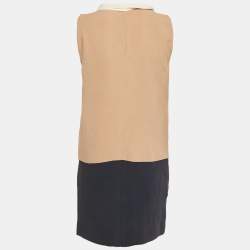 Pre Owned Maje Beige/Navy Blue Crepe Neck-Tie Mini Dress M