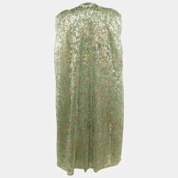 Pre Owned Maje Light Green Metallic Foliage Print Plisse Belted Cape & Maxi Dress M