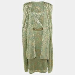 Pre Owned Maje Light Green Metallic Foliage Print Plisse Belted Cape & Maxi Dress M