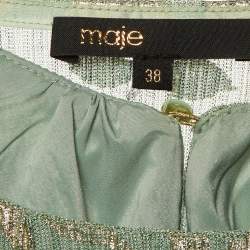 Pre Owned Maje Light Green Metallic Foliage Print Plisse Belted Cape & Maxi Dress M