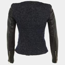 Pre Owned Maje Navy Blue /Black Tweed & Leather Zip Up Jacket S