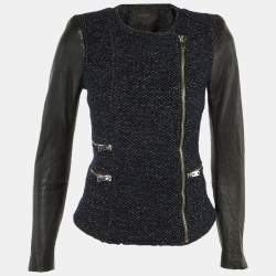 Pre Owned Maje Navy Blue /Black Tweed & Leather Zip Up Jacket S
