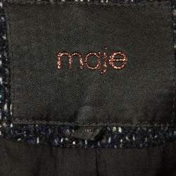 Pre Owned Maje Navy Blue /Black Tweed & Leather Zip Up Jacket S