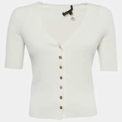 Pre Owned Maje White Rib Knit Logo Button Detail Top S
