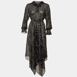 Pre Owned Maje Black Star Print Crepe Asymmetric Hem Sheer Midi Dress L 