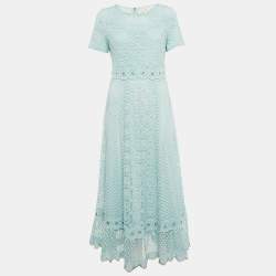 Pre Owned Maje Blue Lace Grommet Detail Scallop Midi Dress L 