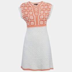 Pre Owned Maje Orange/White Crochet Mini Dress S