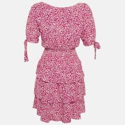 Pre Owned Maje Red Animal Printed Crepe Tiered Off-Shoulder Mini Dress S