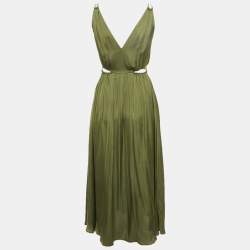 Pre Owned فستان ميدي بقطع أخرامي من الساتان باللون الأخضر الزيتوني من ماج مقاس صغير