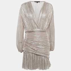مملوكة مسبقًا Maje Pink Metallic Lurex Knit Draped V-Neck Mini Dress L
