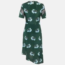 Pre Owned فستان ميدي غير متماثل من الكريب بتطريز دانتيل وطبعة زهور باللون الأخضر من ماج مقاس صغير - سمول