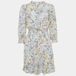 Pre Owned Maje White Floral Print Chiffon Ruffled Mini Dress L