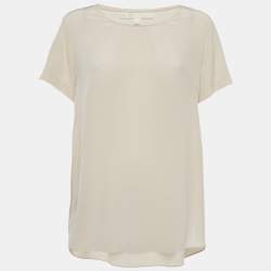 Pre Owned بلوزة ماج حرير بيج بياقة مستديرة مقاس كبير - لارج