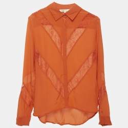 مملوكة مسبقًا Maje Orange Silk Lace Detail Shirt XS 