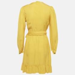 Pre Owned Maje Yellow Jacquard Roseya Ruffled Wrap Dress S