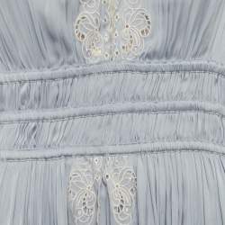 Pre Owned فستان ميني ساتان مطرز بأكمام منتفخة أزرق من ماج مقاس متوسط