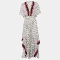 مملوكة مسبقًا Maje Cream Racheline Print Crepe Asymmetric Flared Maxi Dress M