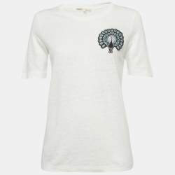 Pre Owned Maje White Cotton Knit Peacock Patch Detail T-Shirt S