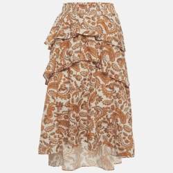 Pre Owned Maje Off-White/Orange Paisley Print Cotton Asymmetrical Midi Skirt S