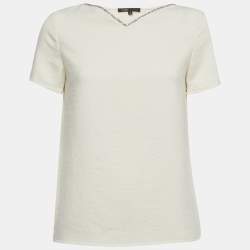 مملوكة مسبقًا Maje Ecru Crepe Licka Jewel Embellished V-Neck Top M