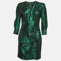 مملوكة مسبقًا Maje Green Herringbone Lurex Frilled Mini Dress L