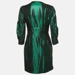 مملوكة مسبقًا Maje Green Herringbone Lurex Frilled Mini Dress L