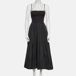 Pre Owned Maje Black Rib Knit and Crepe Flared Midi Dress S