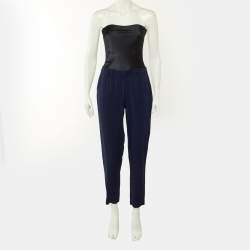 Pre Owned Maje Navy Blue/Black Crepe & Satin Strapless Jumpsuit S