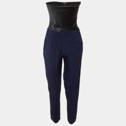 Pre Owned Maje Navy Blue/Black Crepe & Satin Strapless Jumpsuit S
