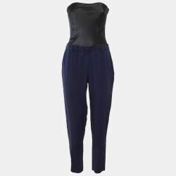 Pre Owned Maje Navy Blue/Black Crepe & Satin Strapless Jumpsuit S