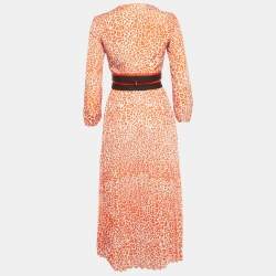 Pre Owned Maje Orange Printed Crepe Cut Out Detail Midi Dress S