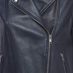 Maje Midnight Blue Lamb Leather Fringed Biker Jacket L