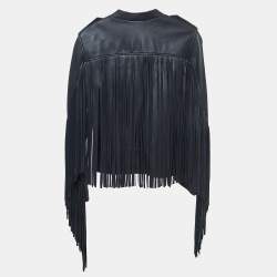Maje Midnight Blue Lamb Leather Fringed Biker Jacket L