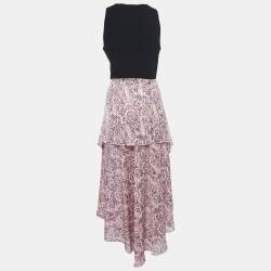 Pre Owned Maje Black/Rose Paisley Print Crepe Asymmetric Midi Dress M