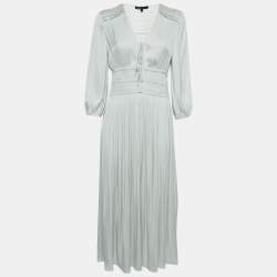 Maje Cream Satin Tie-Up Neck Gathered Midi Dress M