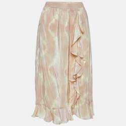 Maje Beige Tie Dye Satin Jitye Ruffled Midi Skirt S