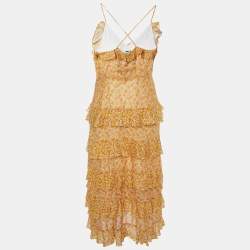 Pre Owned Maje Yellow Floral Print Cotton Ruffled Midi Dress M