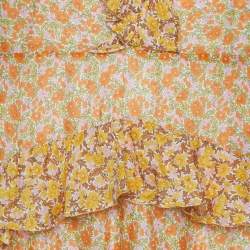 Pre Owned Maje Yellow Floral Print Cotton Ruffled Midi Dress M
