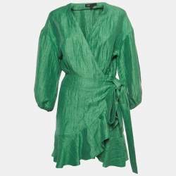 Maje Green Linen Ruffled Mini Wrap Dress XS