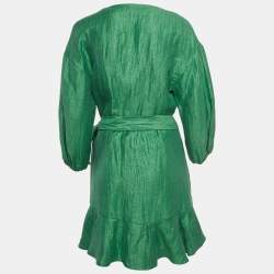 Maje Green Linen Ruffled Mini Wrap Dress XS