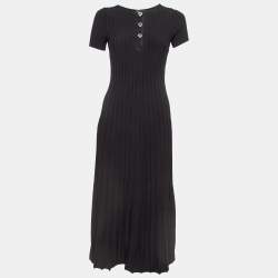Maje Black Pleated Knit Cut-Out Detail Midi Dress L