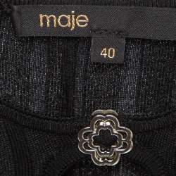 Maje Black Pleated Knit Cut-Out Detail Midi Dress L