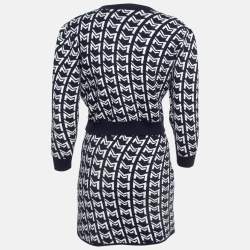Maje Navy Blue/White Monogram Knit Cardigan and Mini Skirt Set S/XS
