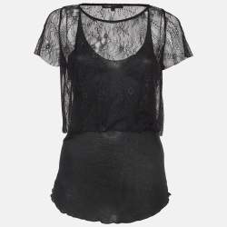 Maje Black Patterned Lace and Knit Layered Top L