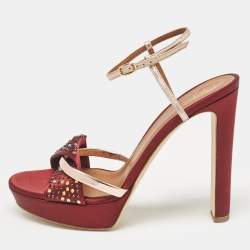 Malone Souliers Burgundy/Pink Satin and Leather Leather Lauren Crystals Sandals Size 39.5