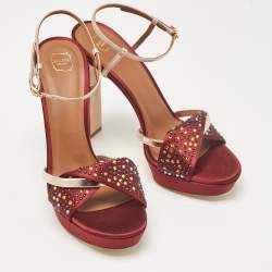 Malone Souliers Burgundy/Pink Satin and Leather Leather Lauren Crystals Sandals Size 39.5